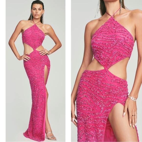 Refrofete Hendrix Sequin Embellished Cutout Pink Tiger Stripe Maxi Dress in Sz S - Picture 1 of 13